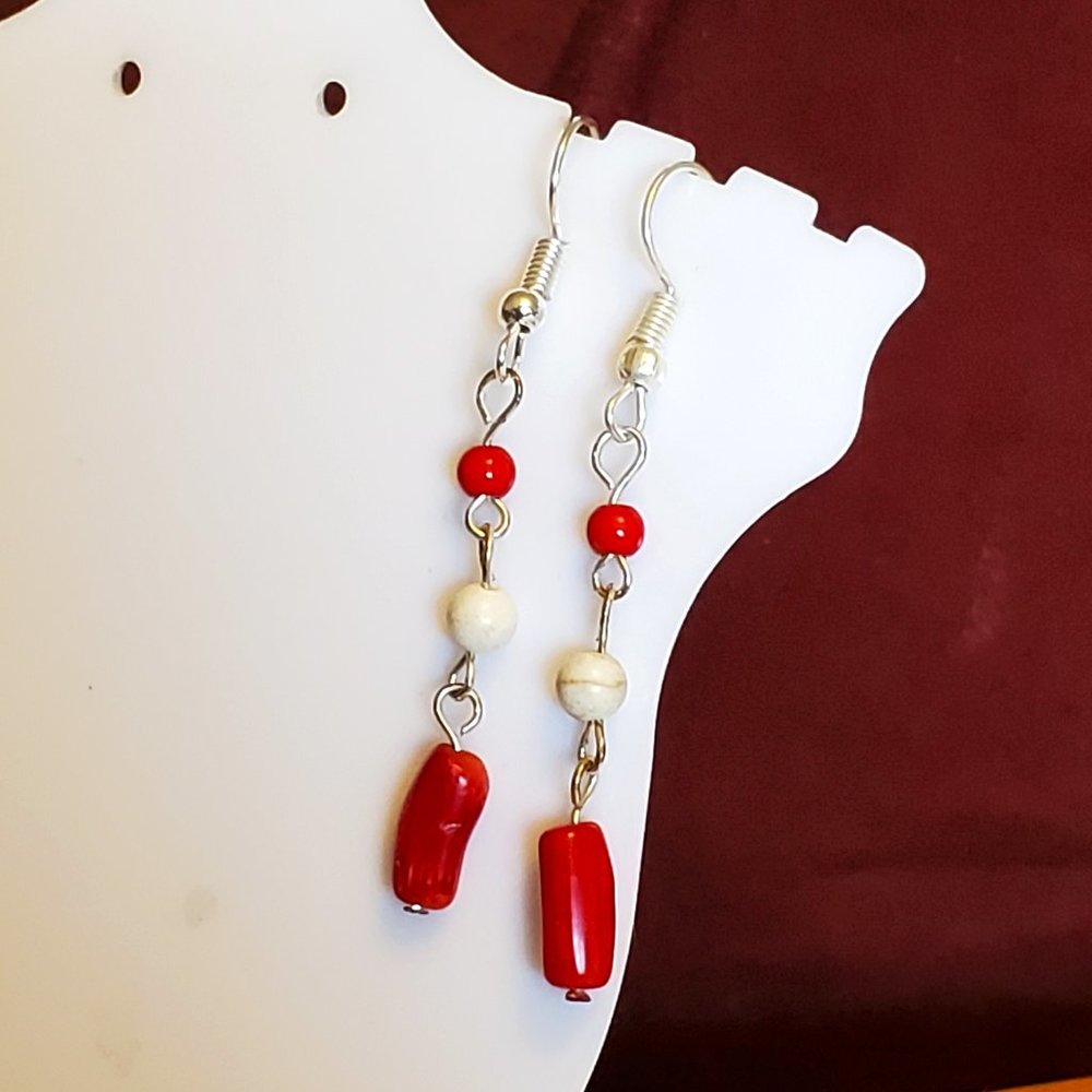 Silver Tone Hook Jasper and Coral Dangle Earrings